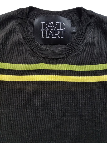 DAVID HART black crew neck sweater with green and yellow stripes