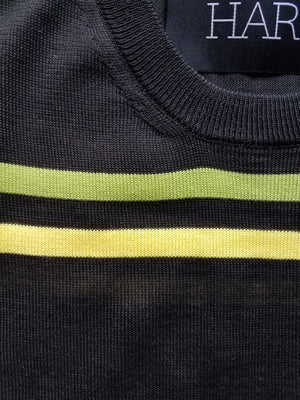 black crew neck sweater with green and yellow stripes