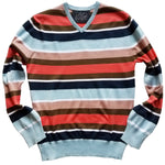 blue and coral striped v-neck sweater