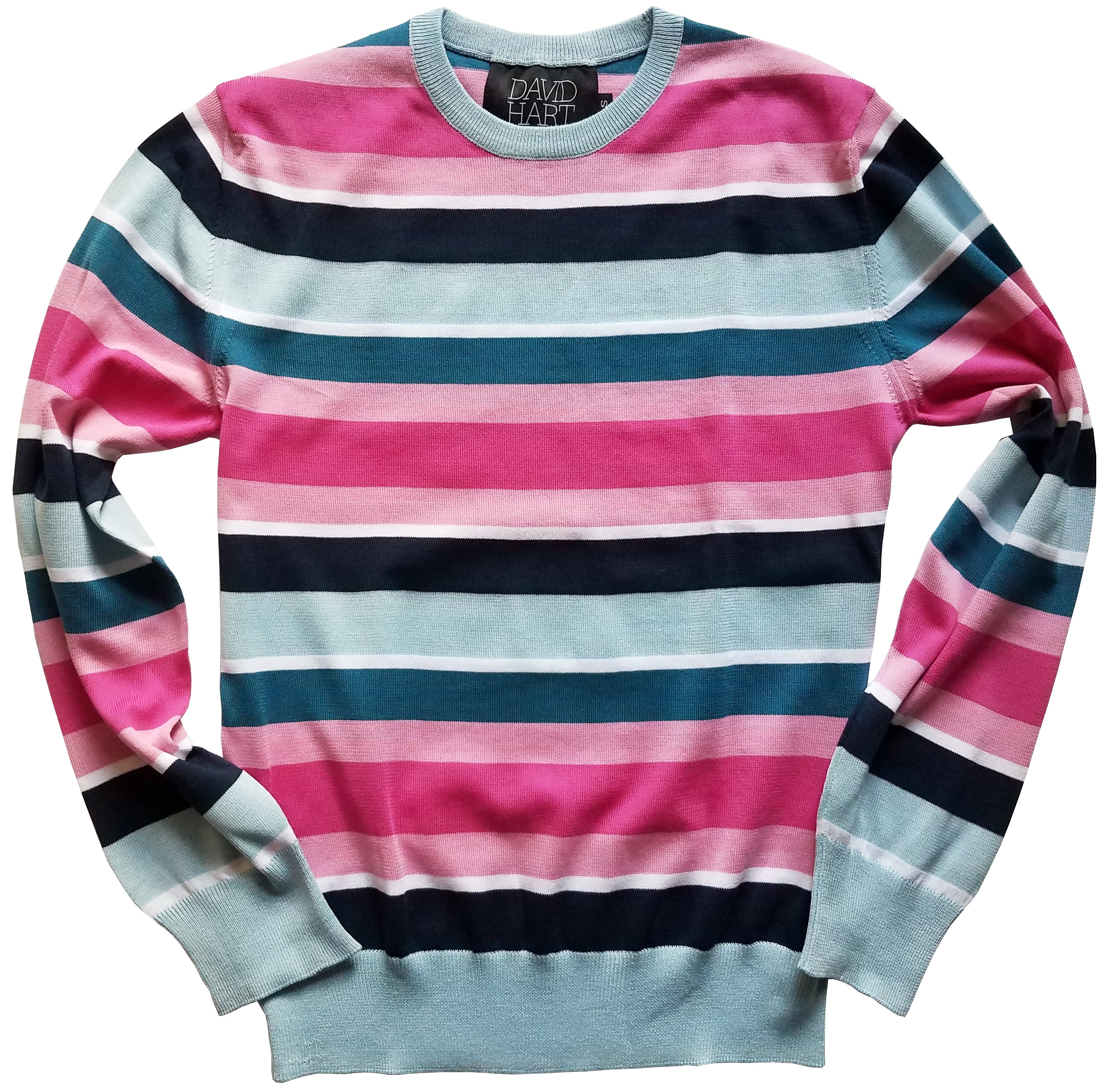 blue and pink striped crew sweater