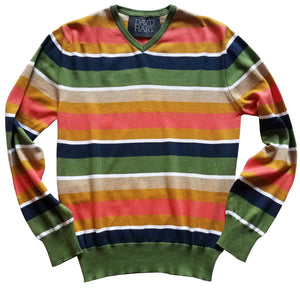 green and coral striped v-neck sweater